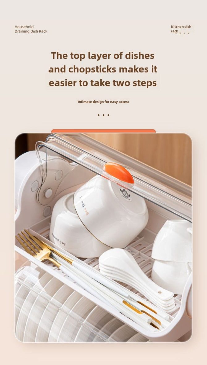 Kitchen Double Layer Cupboards Utensil Storage Box Plastic with Lid Dish Tray Drain Bowl Rack Storage Shelf - Image 8