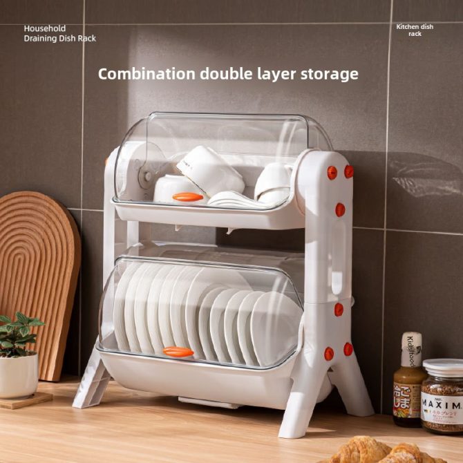 Kitchen Double Layer Cupboards Utensil Storage Box Plastic with Lid Dish Tray Drain Bowl Rack Storage Shelf - Image 2