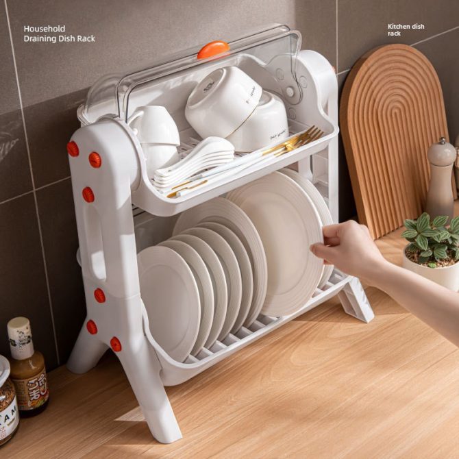 Kitchen Double Layer Cupboards Utensil Storage Box Plastic with Lid Dish Tray Drain Bowl Rack Storage Shelf - Image 3