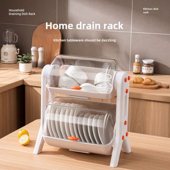 Kitchen Double Layer Cupboards Utensil Storage Box Plastic with Lid Dish Tray Drain Bowl Rack Storage Shelf - Image 4