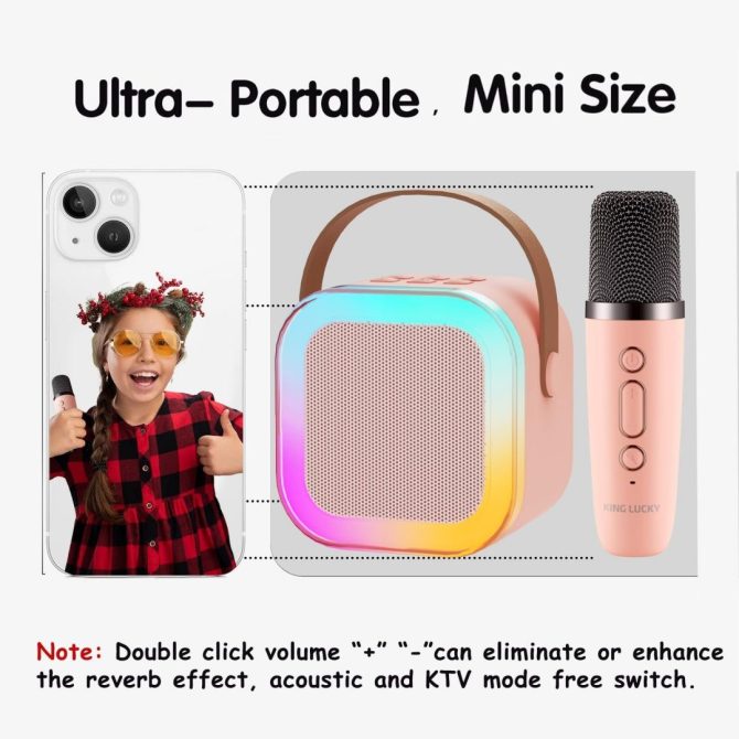 Bluetooth Karaoke Machine for Kids Adults, Portable Mini Karaoke Speaker with 2 Wireless Mic, LED Light Music Toys for Christmas Gift - Image 4