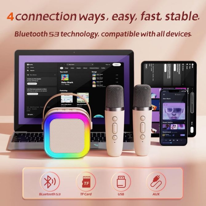 Bluetooth Karaoke Machine for Kids Adults, Portable Mini Karaoke Speaker with 2 Wireless Mic, LED Light Music Toys for Christmas Gift - Image 5