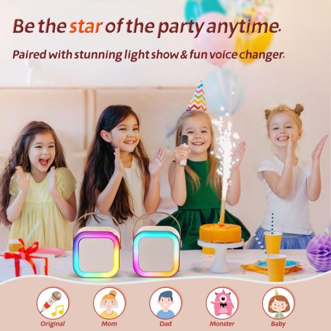 Bluetooth Karaoke Machine for Kids Adults, Portable Mini Karaoke Speaker with 2 Wireless Mic, LED Light Music Toys for Christmas Gift - Image 6