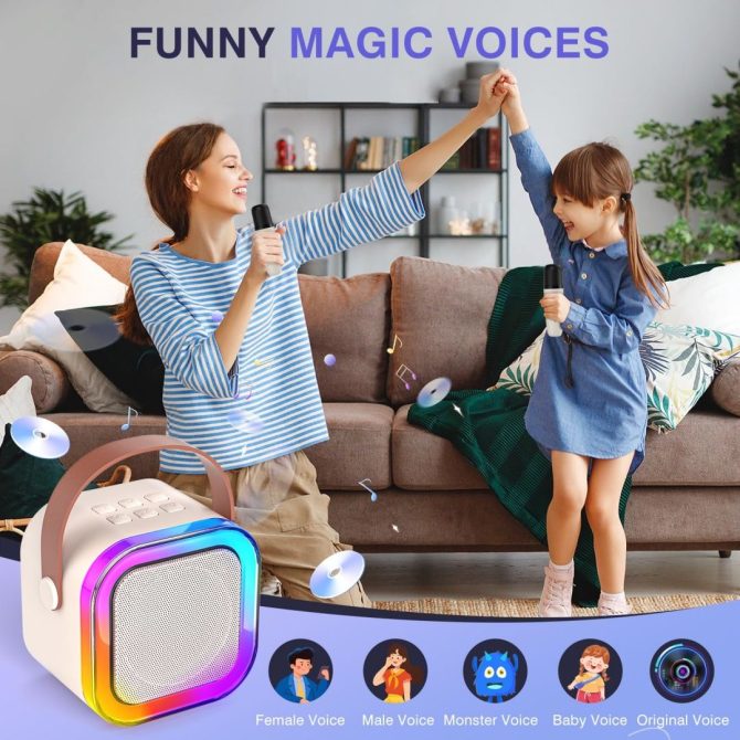 Bluetooth Karaoke Machine for Kids Adults, Portable Mini Karaoke Speaker with 2 Wireless Mic, LED Light Music Toys for Christmas Gift - Image 7