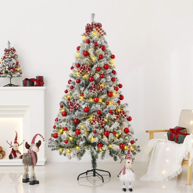 6FT Artificial Hinged Christmas Tree Snow Flocked Pine Tree with Solid Metal Stand Festival Xmas Tree for Indoor Outdoor - Image 37