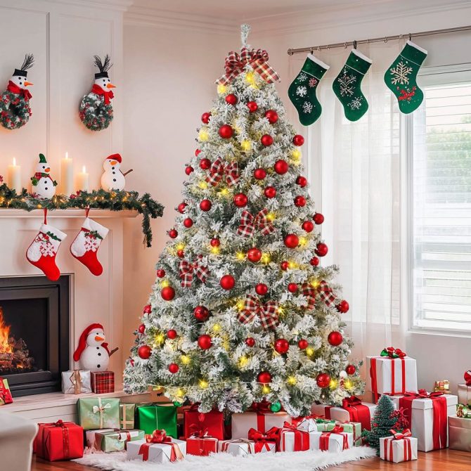6FT Artificial Hinged Christmas Tree Snow Flocked Pine Tree with Solid Metal Stand Festival Xmas Tree for Indoor Outdoor - Image 39