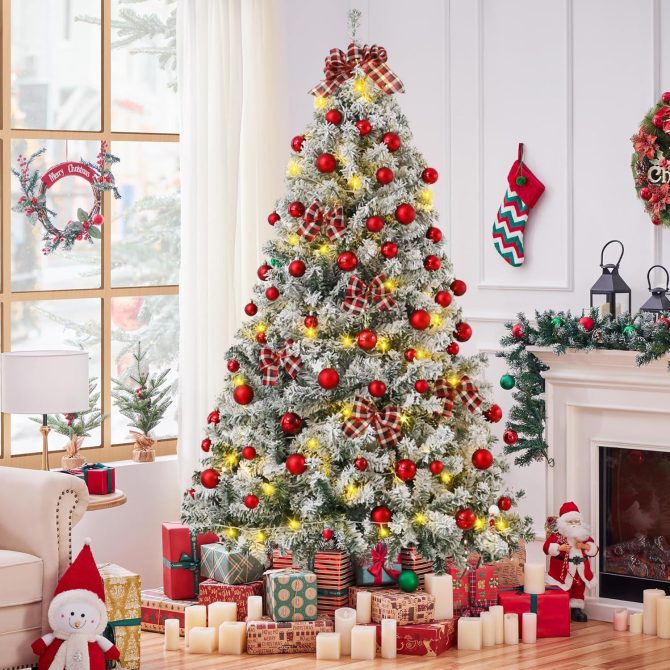 6FT Artificial Hinged Christmas Tree Snow Flocked Pine Tree with Solid Metal Stand Festival Xmas Tree for Indoor Outdoor - Image 40