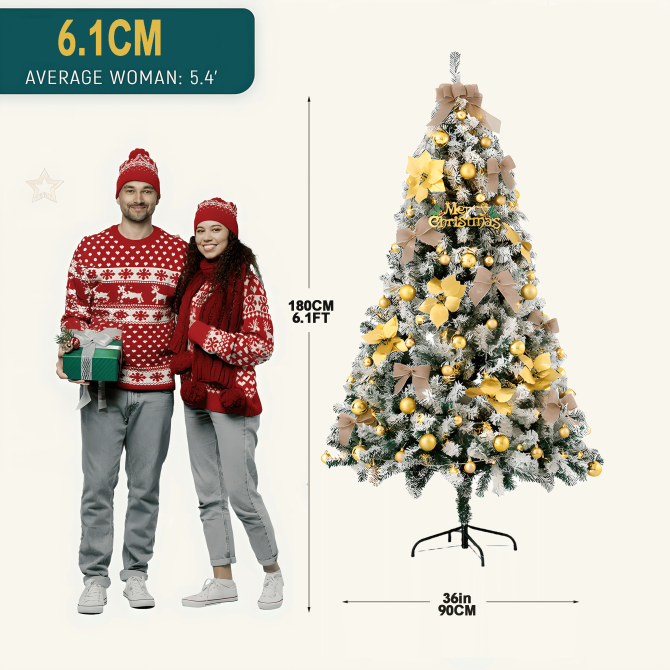 6FT Artificial Hinged Christmas Tree Snow Flocked Pine Tree with Solid Metal Stand Festival Xmas Tree for Indoor Outdoor - Image 27
