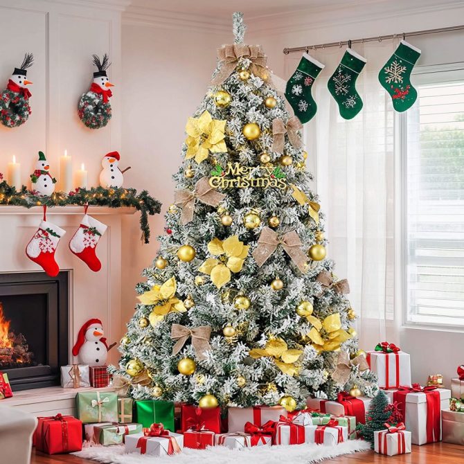 6FT Artificial Hinged Christmas Tree Snow Flocked Pine Tree with Solid Metal Stand Festival Xmas Tree for Indoor Outdoor - Image 29