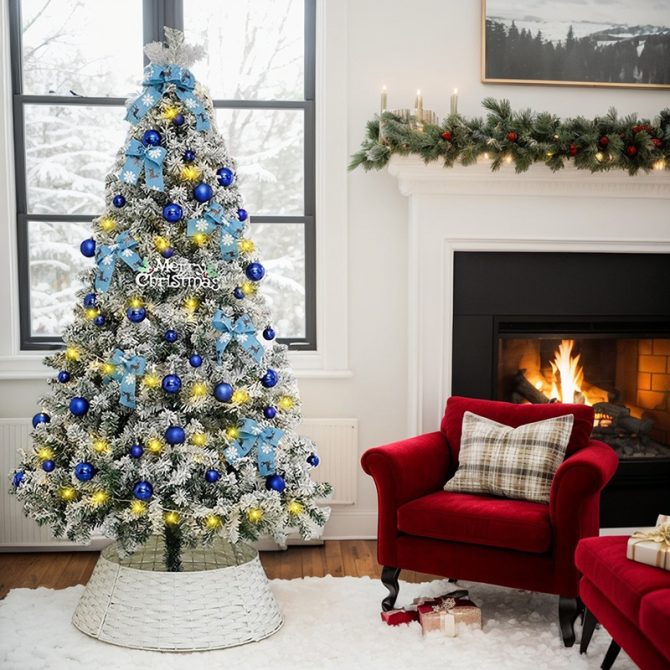 6FT Artificial Hinged Christmas Tree Snow Flocked Pine Tree with Solid Metal Stand Festival Xmas Tree for Indoor Outdoor - Image 19