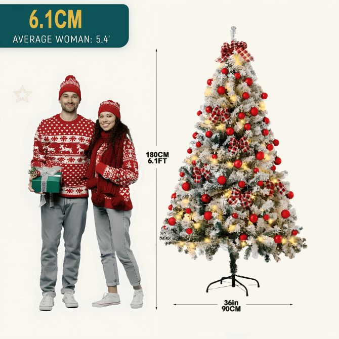 6FT Artificial Hinged Christmas Tree Snow Flocked Pine Tree with Solid Metal Stand Festival Xmas Tree for Indoor Outdoor - Image 25