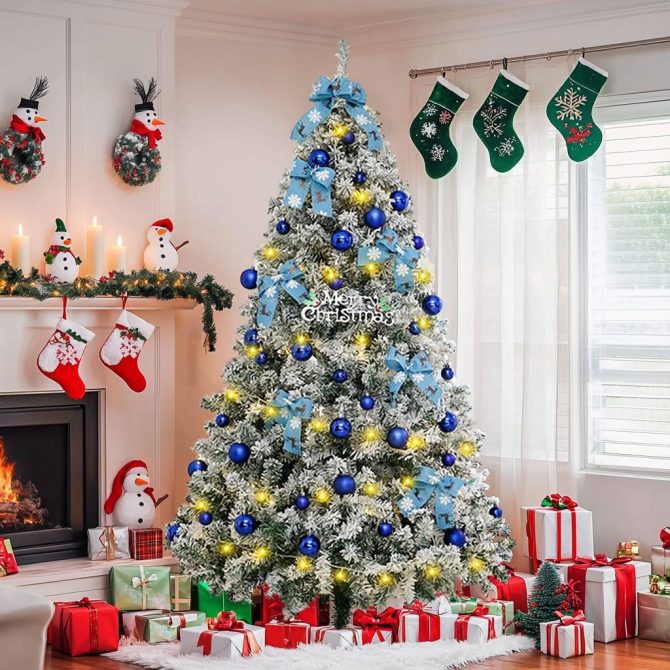 6FT Artificial Hinged Christmas Tree Snow Flocked Pine Tree with Solid Metal Stand Festival Xmas Tree for Indoor Outdoor - Image 14