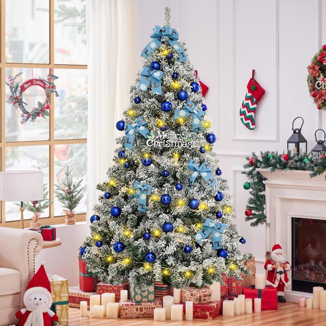 6FT Artificial Hinged Christmas Tree Snow Flocked Pine Tree with Solid Metal Stand Festival Xmas Tree for Indoor Outdoor - Image 15