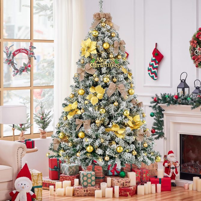 6FT Artificial Hinged Christmas Tree Snow Flocked Pine Tree with Solid Metal Stand Festival Xmas Tree for Indoor Outdoor - Image 12
