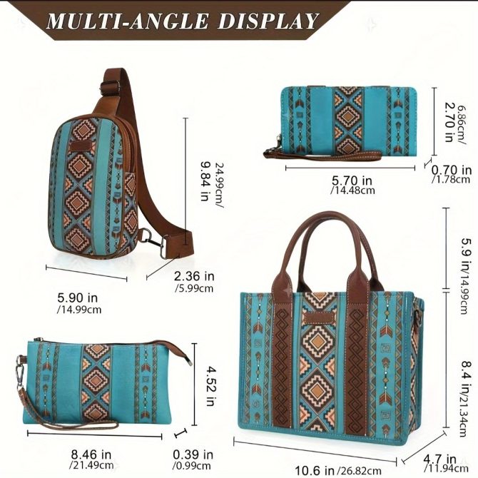 4Pcs women's purse Tote, retro work satchel lightweight, Boho chic tote everyday green - Image 4
