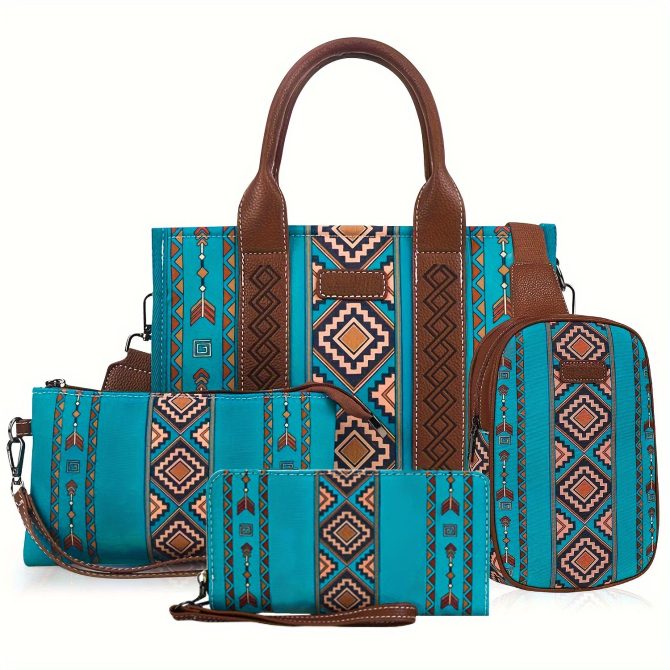 4Pcs women's purse Tote, retro work satchel lightweight, Boho chic tote everyday green - Image 5