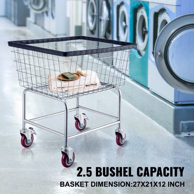 VEVOR Wire Laundry Cart, 2.5 Bushel Wire Laundry Basket with Wheels, 21''x27''x27.5'' Commercial Wire Laundry Basket Cart, Steel Frame with Chrome Finish, 4inch Casters, Wire Basket Cart For Laundry - Image 2