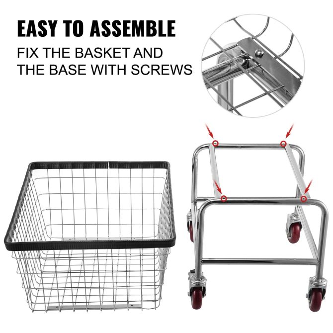 VEVOR Wire Laundry Cart, 2.5 Bushel Wire Laundry Basket with Wheels, 21''x27''x27.5'' Commercial Wire Laundry Basket Cart, Steel Frame with Chrome Finish, 4inch Casters, Wire Basket Cart For Laundry - Image 6