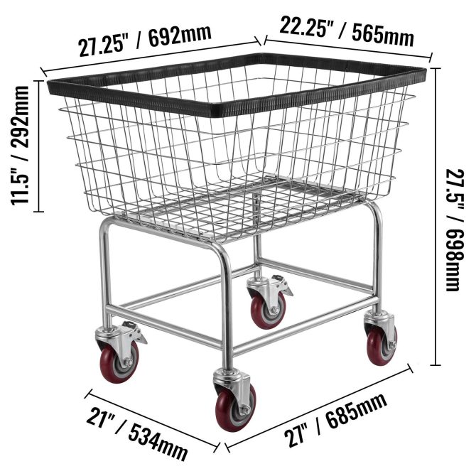 VEVOR Wire Laundry Cart, 2.5 Bushel Wire Laundry Basket with Wheels, 21''x27''x27.5'' Commercial Wire Laundry Basket Cart, Steel Frame with Chrome Finish, 4inch Casters, Wire Basket Cart For Laundry - Image 8