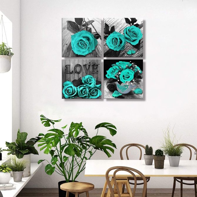 Teal Rose Flowers Canvas Prints Black and White Wall Art Turquoise Floral Pictures for Home Bedroom Bathroom Decoration - Image 4