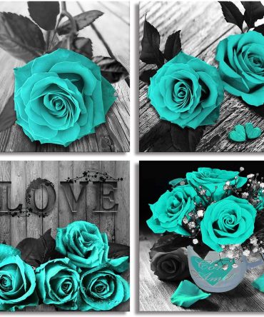 Teal Rose Flowers Canvas Prints Black and White Wall Art Turquoise Floral Pictures for Home Bedroom Bathroom Decoration