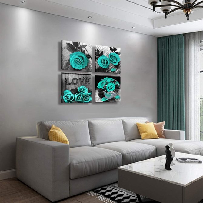 Teal Rose Flowers Canvas Prints Black and White Wall Art Turquoise Floral Pictures for Home Bedroom Bathroom Decoration - Image 5