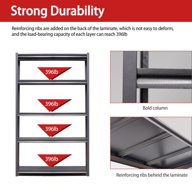 78"H 5 Tier Metal Shelves for Storage Garage Shelving 2000LBS Heavy Duty Storage Shelves Adjustable Garage Shelf Industrial Shelving Unit Storage Utility Rack,47.2"W*18"D*78"H,Black - Image 15