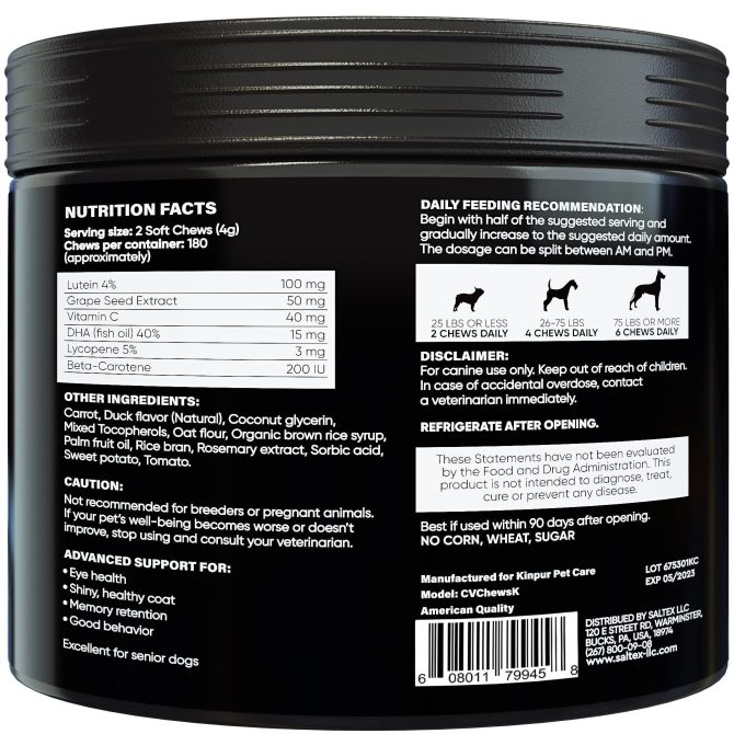 Eye Vitamins for Dogs Dog Vision Supplement for Tear Stains Dog Eye Care Immune Support Vitamin С Carrot Fish Oil Lutein 180 Soft Chews with Duck Flavor for All Breeds and Ages - Image 7