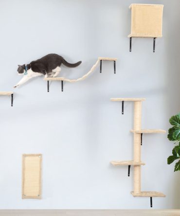 5 Pcs Wall Mounted Cat Climber Set;  Floating Cat Shelves and Perches;  Cat Activity Tree with Scratching Posts;  Modern Cat Furniture