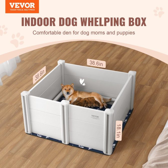 VEVOR Dog Whelping Box 38.6x38.6x18.1in PVC with Rails Pee Pad for Dogs Puppies - Image 2