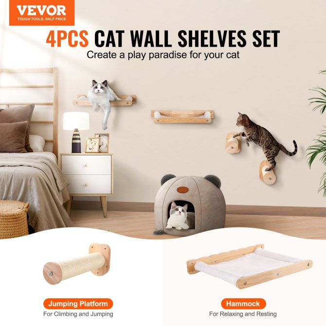 VEVOR Wall Mounted Cat Shelves with 2 Jumping Posts & 2 Hammocks up to 40 lbs - Image 2