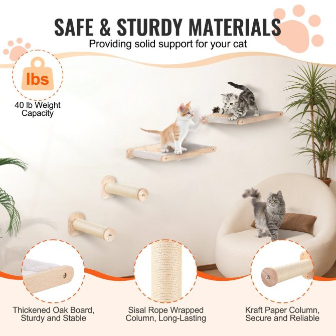 VEVOR Wall Mounted Cat Shelves with 2 Jumping Posts & 2 Hammocks up to 40 lbs - Image 3