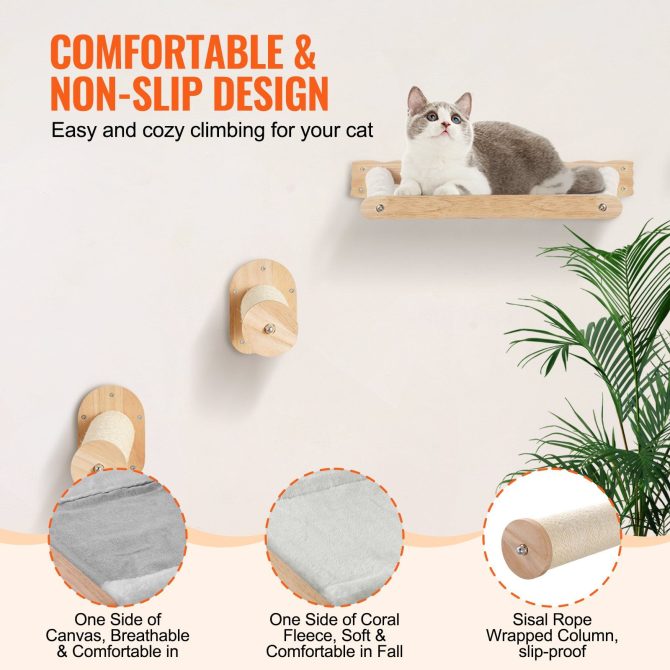 VEVOR Wall Mounted Cat Shelves with 2 Jumping Posts & 2 Hammocks up to 40 lbs - Image 5