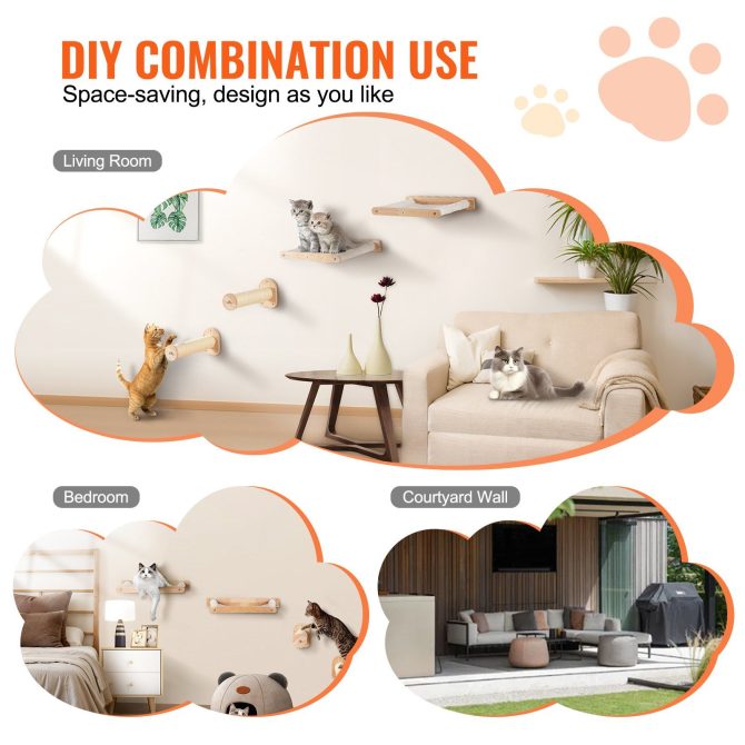 VEVOR Wall Mounted Cat Shelves with 2 Jumping Posts & 2 Hammocks up to 40 lbs - Image 6