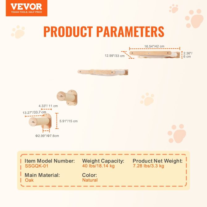VEVOR Wall Mounted Cat Shelves with 2 Jumping Posts & 2 Hammocks up to 40 lbs - Image 7