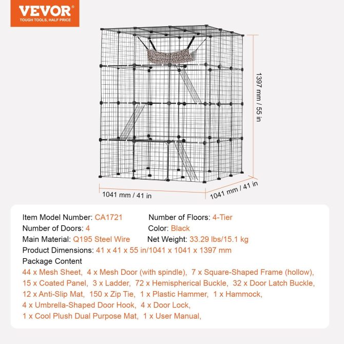 Large 4-tier Cat Cage 41 x 41 x 55" Metal Wire Cat Enclosure with Hammock - Image 7