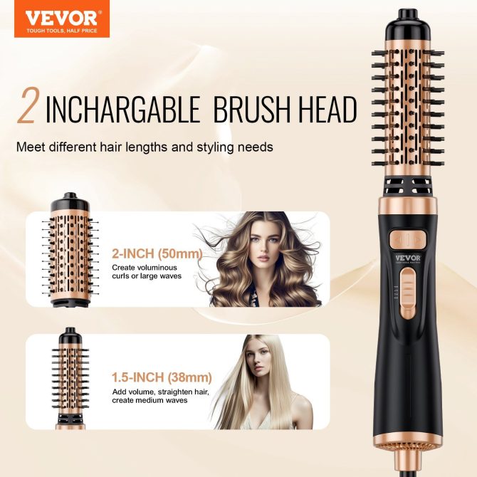 VEVOR Rotating Hair Dryer Brush Hot Air Styling Brush with 1.5" and 2" Head - Image 2
