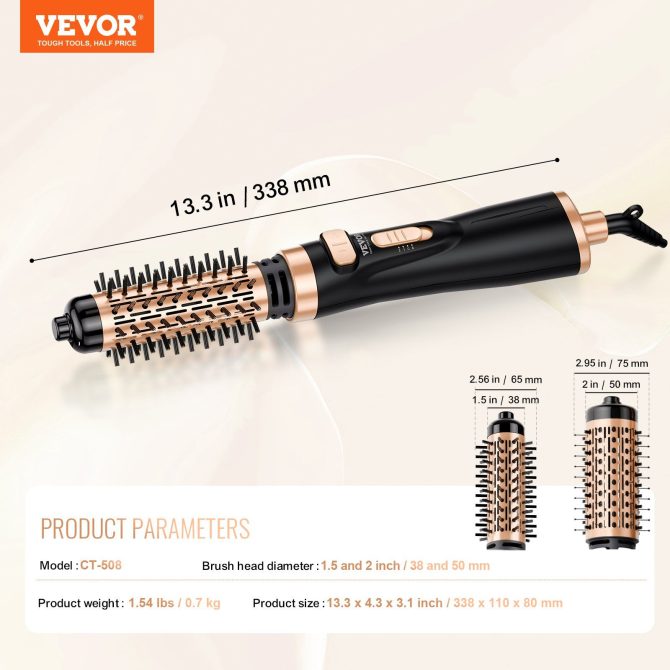 VEVOR Rotating Hair Dryer Brush Hot Air Styling Brush with 1.5" and 2" Head - Image 7