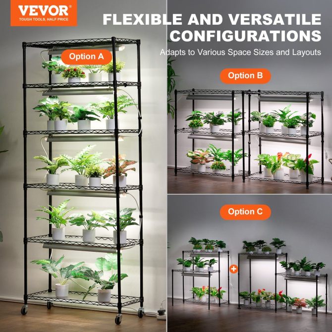 VEVOR DIY Plant Stand with Grow Light, 6-Tier Large Tall Plant Shelf with 192W 5000K Full Spectrum Grow Lights, Indoor Grow Light Shelf with Wheels for Seed Starting 29.5" L x 13.8" W x 70.9" H - Image 2