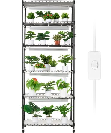 VEVOR DIY Plant Stand with Grow Light, 6-Tier Large Tall Plant Shelf with 192W 5000K Full Spectrum Grow Lights, Indoor Grow Light Shelf with Wheels for Seed Starting 29.5" L x 13.8" W x 70.9" H