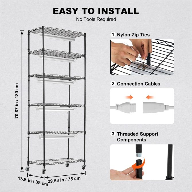 VEVOR DIY Plant Stand with Grow Light, 6-Tier Large Tall Plant Shelf with 192W 5000K Full Spectrum Grow Lights, Indoor Grow Light Shelf with Wheels for Seed Starting 29.5" L x 13.8" W x 70.9" H - Image 5