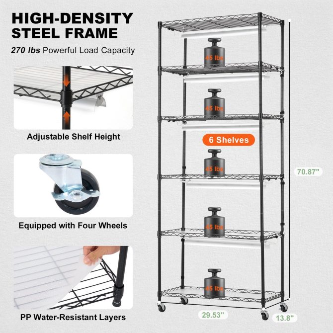 VEVOR DIY Plant Stand with Grow Light, 6-Tier Large Tall Plant Shelf with 192W 5000K Full Spectrum Grow Lights, Indoor Grow Light Shelf with Wheels for Seed Starting 29.5" L x 13.8" W x 70.9" H - Image 6