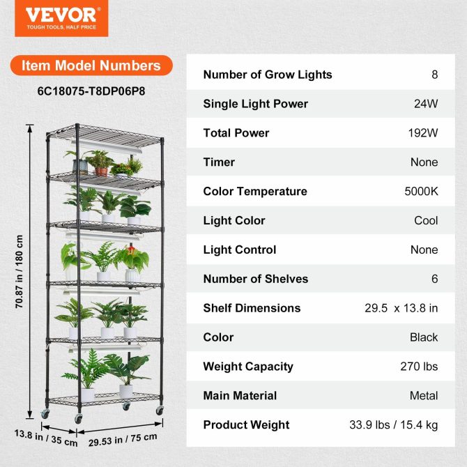 VEVOR DIY Plant Stand with Grow Light, 6-Tier Large Tall Plant Shelf with 192W 5000K Full Spectrum Grow Lights, Indoor Grow Light Shelf with Wheels for Seed Starting 29.5" L x 13.8" W x 70.9" H - Image 7