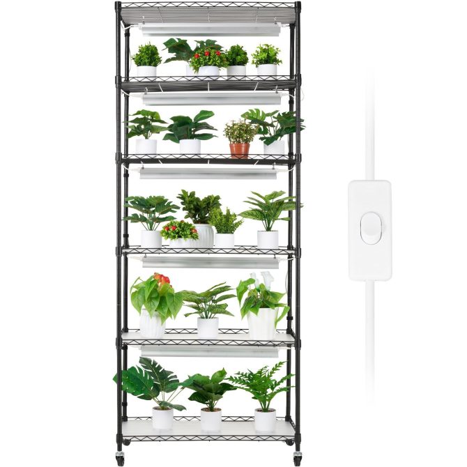 VEVOR DIY Plant Stand with Grow Light, 6-Tier Large Tall Plant Shelf with 192W 5000K Full Spectrum Grow Lights, Indoor Grow Light Shelf with Wheels for Seed Starting 29.5" L x 13.8" W x 70.9" H