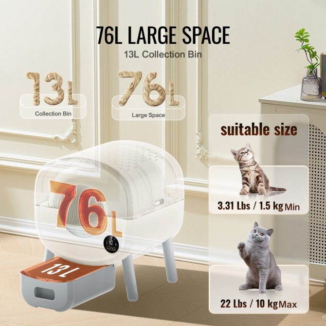 VEVOR 75L Self Cleaning Cat Litter Box with Odor Removal APP Control Sensor Gray - Image 5