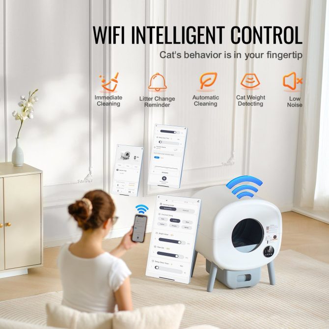 VEVOR 75L Self Cleaning Cat Litter Box with Odor Removal APP Control Sensor Gray - Image 6