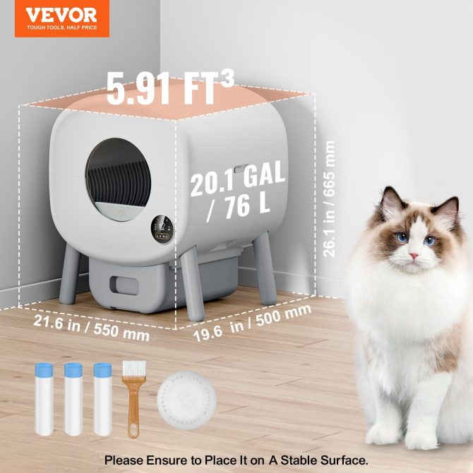 VEVOR 75L Self Cleaning Cat Litter Box with Odor Removal APP Control Sensor Gray - Image 7