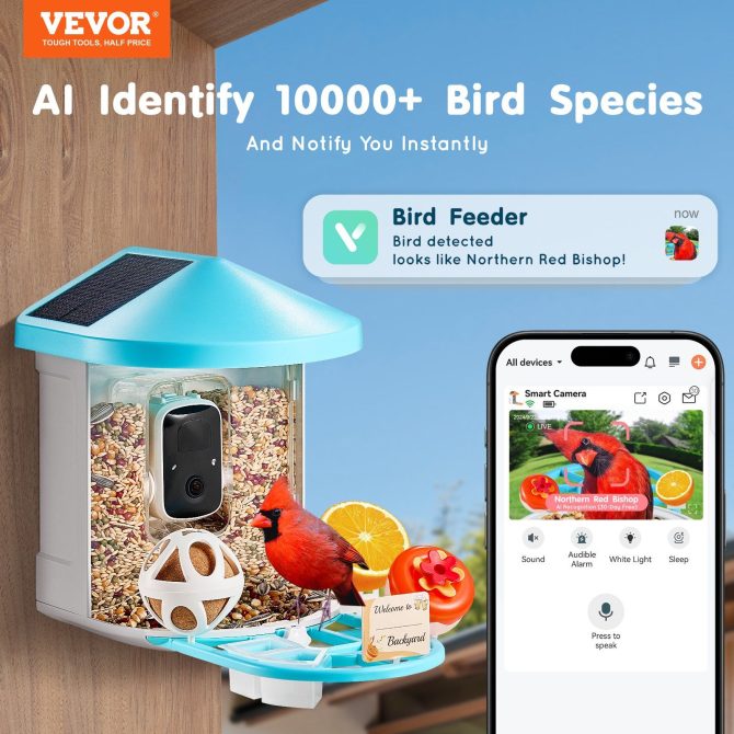 VEVOR Smart Bird Feeder with Camera 2K HD AI Identify Bird Species Solar-Powered - Image 2