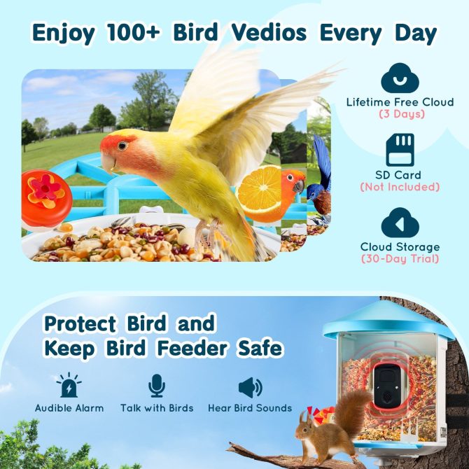 VEVOR Smart Bird Feeder with Camera 2K HD AI Identify Bird Species Solar-Powered - Image 5