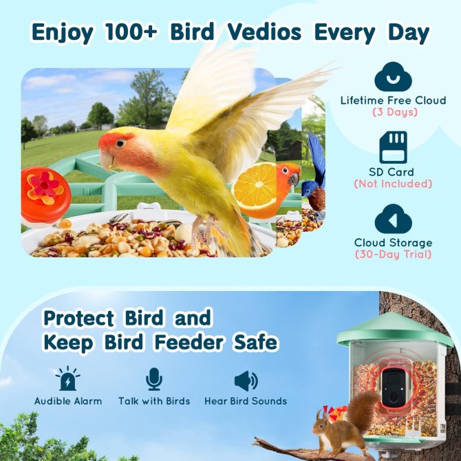 VEVOR Smart Bird Feeder with Camera 2K HD AI Identify Bird Species Auto Capture - Image 3